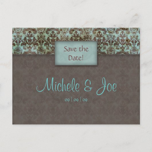 Sla de datum Turquoise Brown Damask Briefkaart (Voorkant)