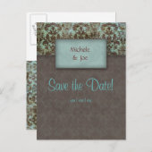 Sla de datum Turquoise Brown Damask Briefkaart 2 (Voorkant / Achterkant)