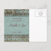 Sla de datum Turquoise Brown Damask Briefkaart 2 (Achterkant)