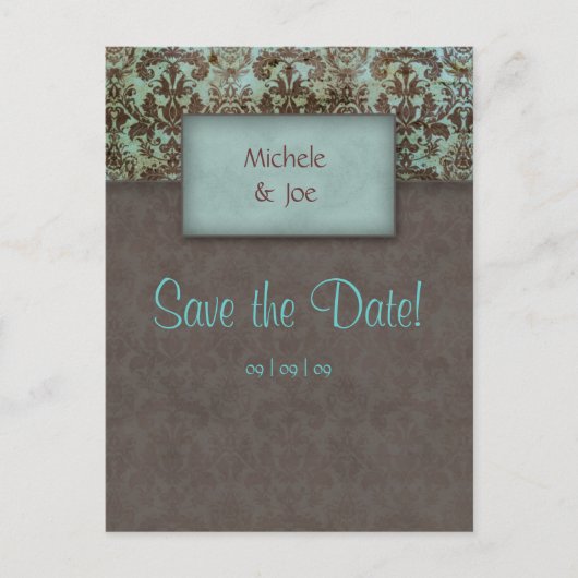 Sla de datum Turquoise Brown Damask Briefkaart 2 (Voorkant)
