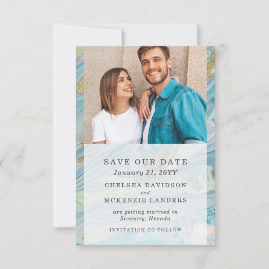Sla de datum turquoise & gouden marmeren bruiloft kaart (Voorkant)