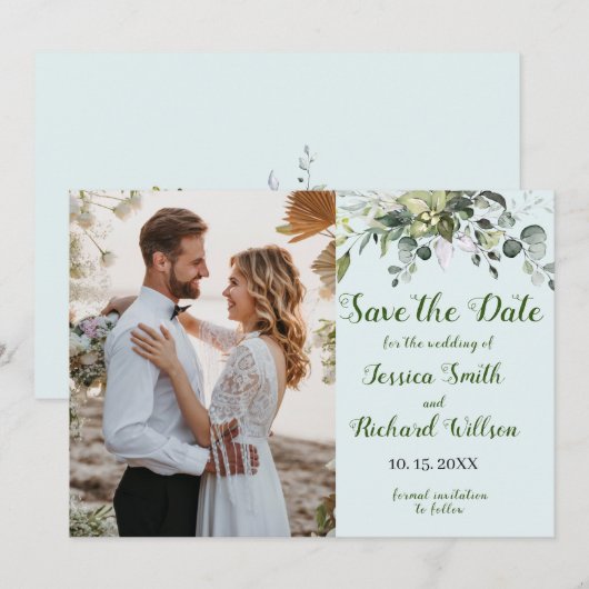 Sla de datum van de FOTO-uitnodiging op Eucalyptus Save The Date (Voorkant / Achterkant)