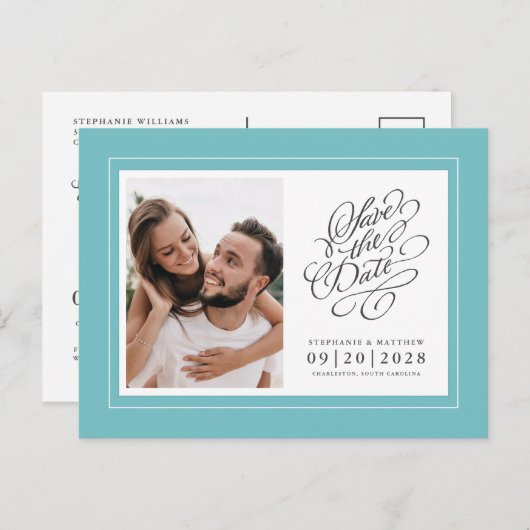 Sla de datum van het huwelijk op in Aqua Elegant Aankondigingskaart (Voorkant / Achterkant)