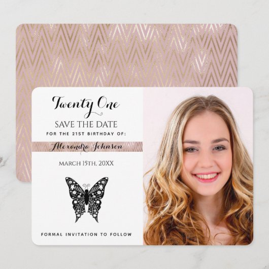 Sla de datum verjaardag zwart wit vlinder foto save the date (Voorkant / Achterkant)