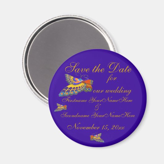 Sla de datum vlinder bruiloft goud Paarse Magneet (Voorkant / Achterkant)