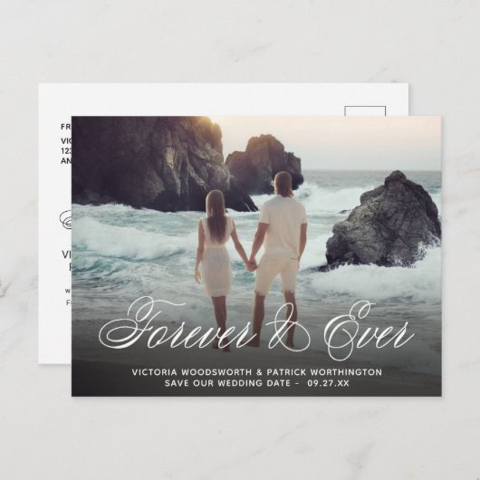 Sla de datum voor altijd en altijd bruiloft fotosc aankondigingskaart (Voorkant / Achterkant)