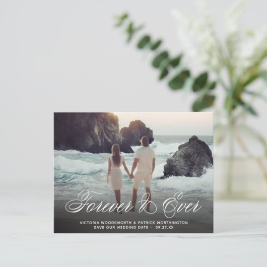 Sla de datum voor altijd en altijd bruiloft fotosc aankondigingskaart (Staand voorkant)