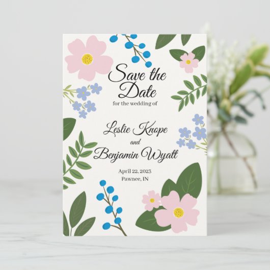 Sla de datum voor bruiloften roze bloem save the date (Staand voorkant)