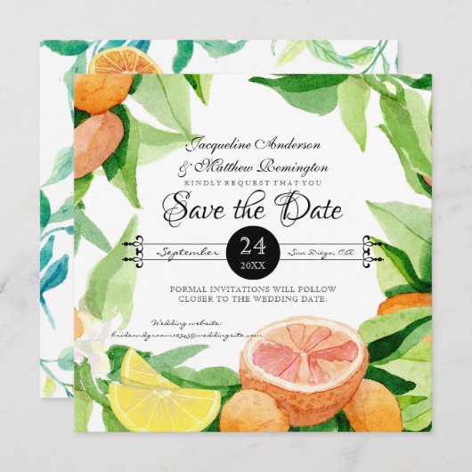 Sla de datum waarop Citrus Fruit Sinaasappels in l Save The Date (Voorkant / Achterkant)