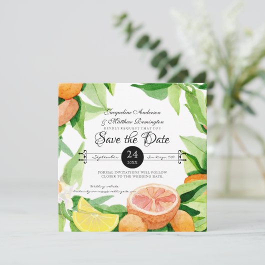 Sla de datum waarop Citrus Fruit Sinaasappels in l Save The Date (Staand voorkant)