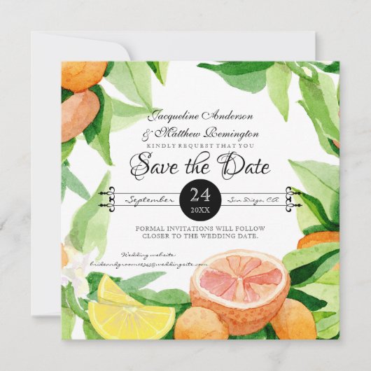 Sla de datum waarop Citrus Fruit Sinaasappels in l Save The Date (Voorkant)