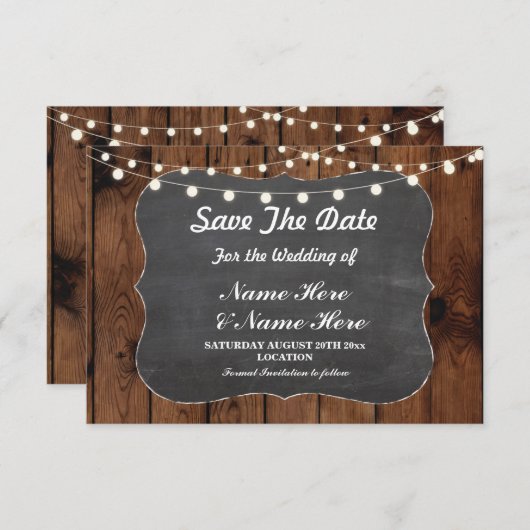 Sla de datum waarop de roestlichten ruw hout elega save the date (Voorkant / Achterkant)