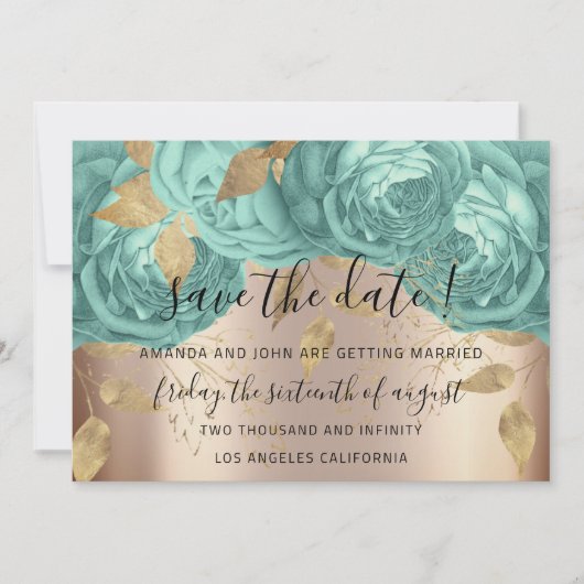 Sla de datum waarop Gold Floral Rozen Aqua Blue op Save The Date (Voorkant)