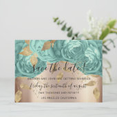 Sla de datum waarop Gold Floral Rozen Aqua Blue op Save The Date (Staand voorkant)