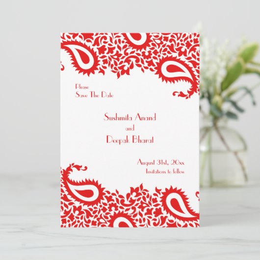 Sla de datum waarop Paisleys Elegant Indian Flat C Save The Date (Staand voorkant)