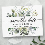 Sla de datum Waterverf groen kalligrafie Briefkaart<br><div class="desc">Moderne kalligrafie Script Elegante Waterverf Botanisch groen Bruiloft Verloving Aankondiging Save The Date Briefkaart bevat eucalyptusbladeren,  groen botanisch blad,  stoffige blauwe bladeren en ander mooi botanisch groen.</div>