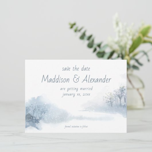 Sla de datum, winter, huwelijk, blauw, wit op kaart (Staand voorkant)