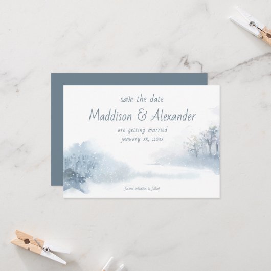 Sla de datum, winter, huwelijk, blauw, wit op kaart (Voorkant / Achterkant in situ)