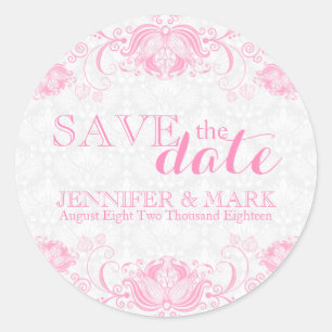 Sla de datum wit damasks & roze kant op ronde sticker