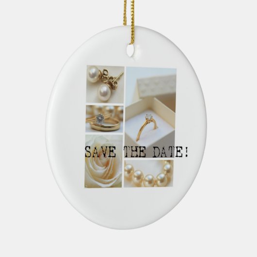 Sla de datum Witte Huwelijkscollage op Keramisch Ornament (Rechts)