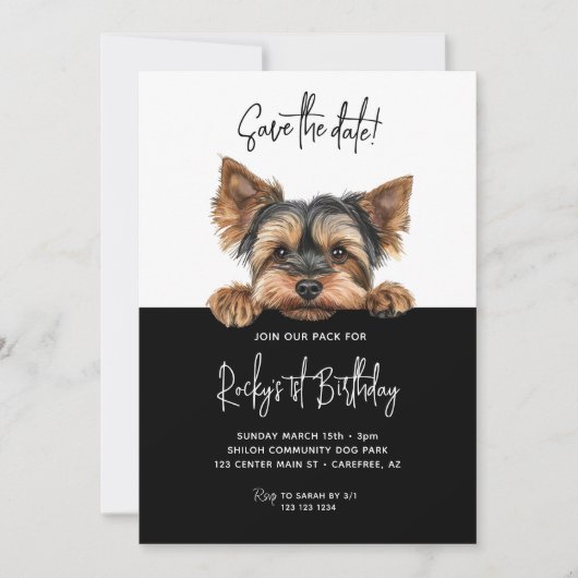 Sla de datum Yorkshire Terrier Dog 1e verjaardag Save The Date (Voorkant)