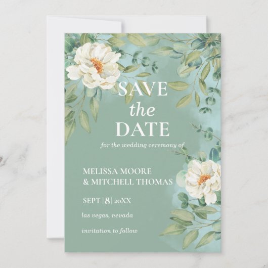 Sla de datum zilveren salie eucalyptus witte bloem kaart (Voorkant)