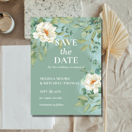 Sla de datum zilveren salie eucalyptus witte bloem kaart