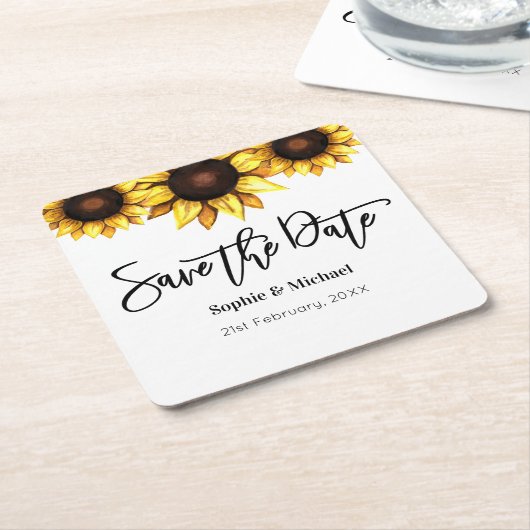Sla de datum Zonnebloem bruiloft Kartonnen Onderzetters (Schuin)