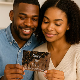 Sla de datum zwart faux kant en hout aankondigingskaart