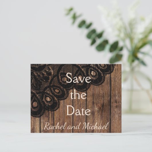 Sla de datum zwart faux kant en hout aankondigingskaart (Staand voorkant)