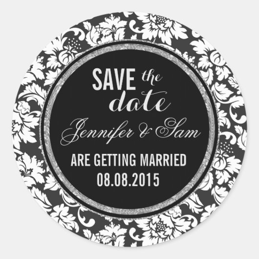 Sla de datum-zwart wit & zilveren accenten op ronde sticker (Voorkant)