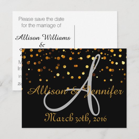 Sla de datum zwarte en Gold Glitter Faux-Folie op Aankondigingskaart (Voorkant / Achterkant)
