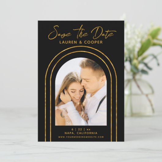 Sla de datum zwarte goudkleurige deco-bruiloft op (Staand voorkant)