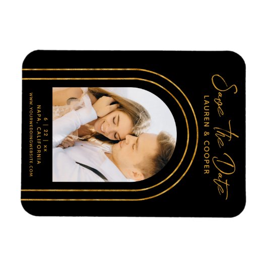 Sla de datum zwarte goudkleurige deco-bruiloft op magneet (Horizontaal)