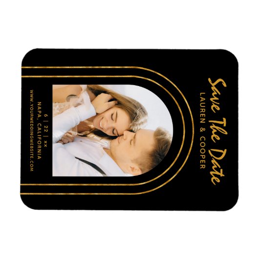 Sla de datum zwarte goudkleurige deco-bruiloft op magneet (Horizontaal)