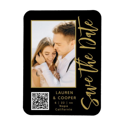 Sla de datum zwarte goudsmeulende moderne bruiloft magneet (Verticaal)