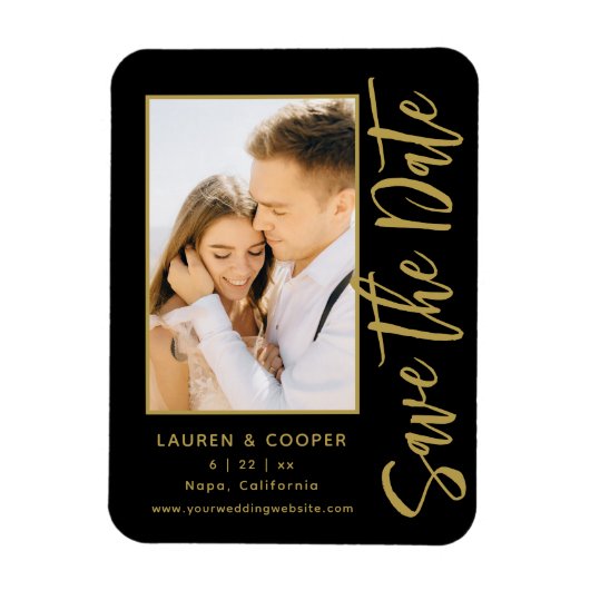 Sla de datum zwarte goudsmeulende moderne bruiloft magneet (Verticaal)
