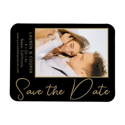 Sla de datum zwarte goudsmeulende moderne bruiloft magneet (Horizontaal)