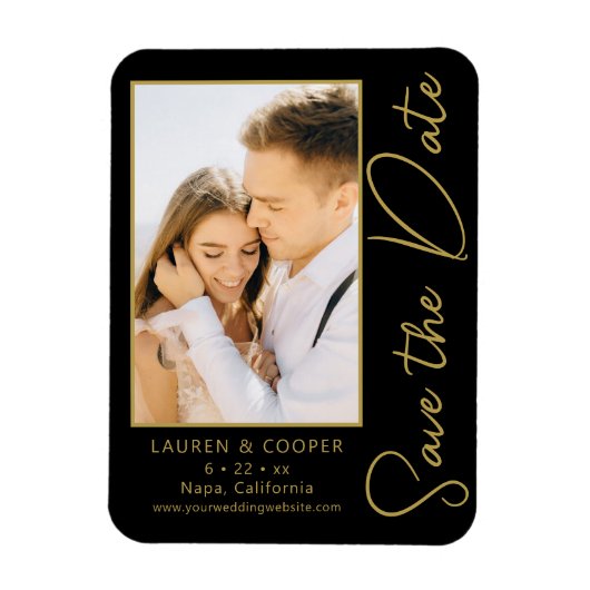 Sla de datum zwarte goudsmeulende moderne bruiloft magneet (Verticaal)
