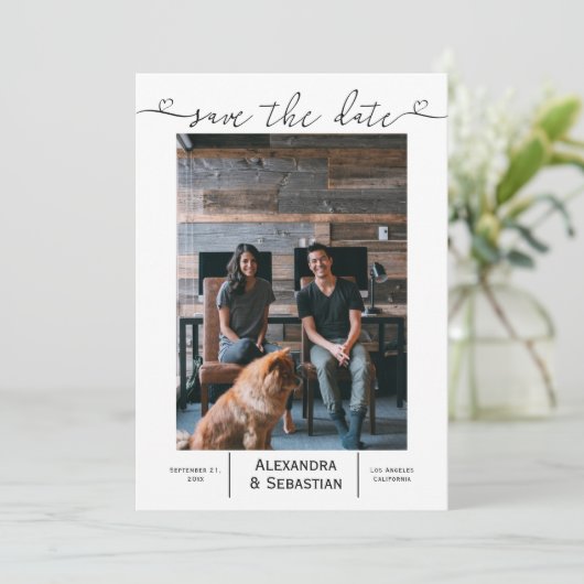 Sla de datum zwarte witte bruiloft op persoonlijke save the date (Staand voorkant)