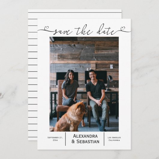 Sla de datum zwarte witte bruiloft op persoonlijke save the date (Voorkant / Achterkant)