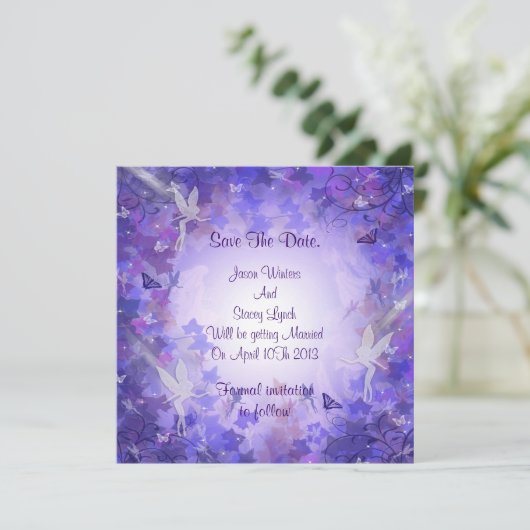 Sla de datumaankondiging Paarse Fairy op Save The Date (Staand voorkant)