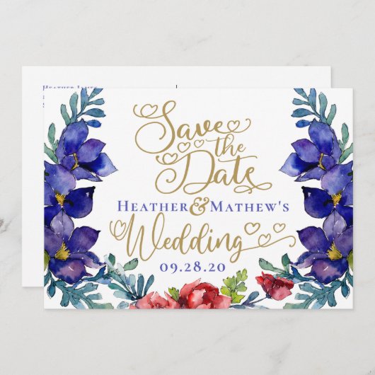 Sla de datumbruiloft op | Geluk in Floral en scrip Kaart (Voorkant / Achterkant)