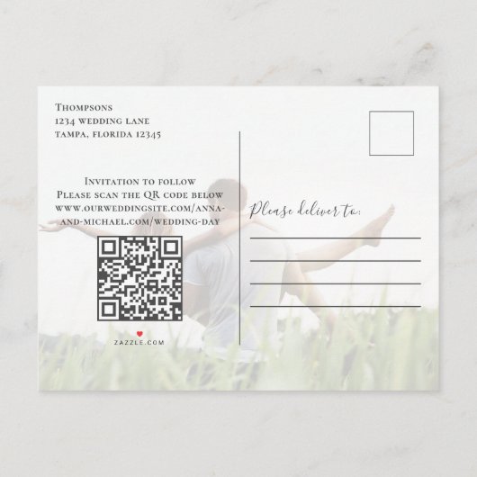 Sla de datumfoto Elegant Script QR Code op Aankondigingskaart (Achterkant)