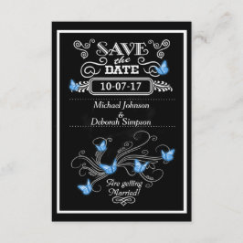 Sla de datumkaarten krijtbord blauwe vlinders op save the date