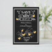 Sla de datumkaarten krijtbord gouden vlinders op save the date (Staand voorkant)