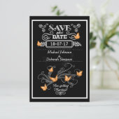 Sla de datumkaarten krijtbord Oranje vlinders op Save The Date (Staand voorkant)