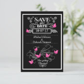 Sla de datumkaarten krijtbord roze vlinders save the date (Staand voorkant)
