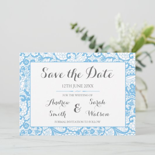 Sla de datumkaarten op, Blue Lace Design Save The Date (Staand voorkant)
