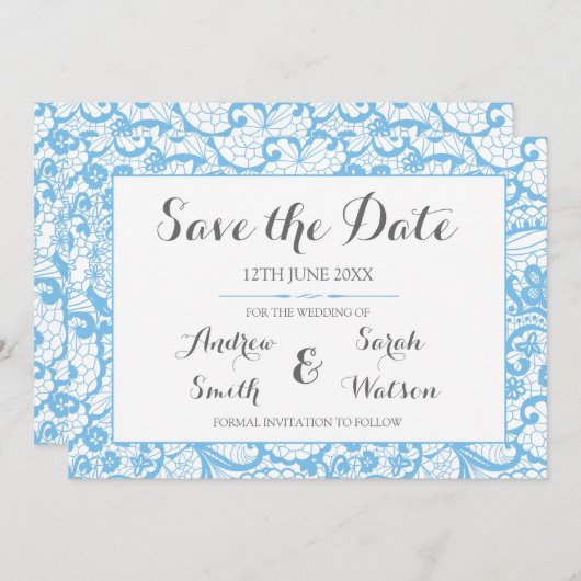 Sla de datumkaarten op, Blue Lace Design Save The Date (Voorkant / Achterkant)